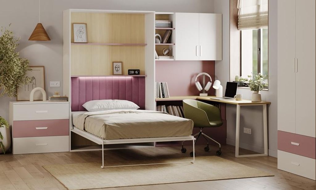 Schrankbett LUMINI FLEXY BED ,Multifunktionales, einklappbares Komfortbett – Arbeitsbereich, MIT Taschenmatratze (Cashmire + Altrosa Matt)