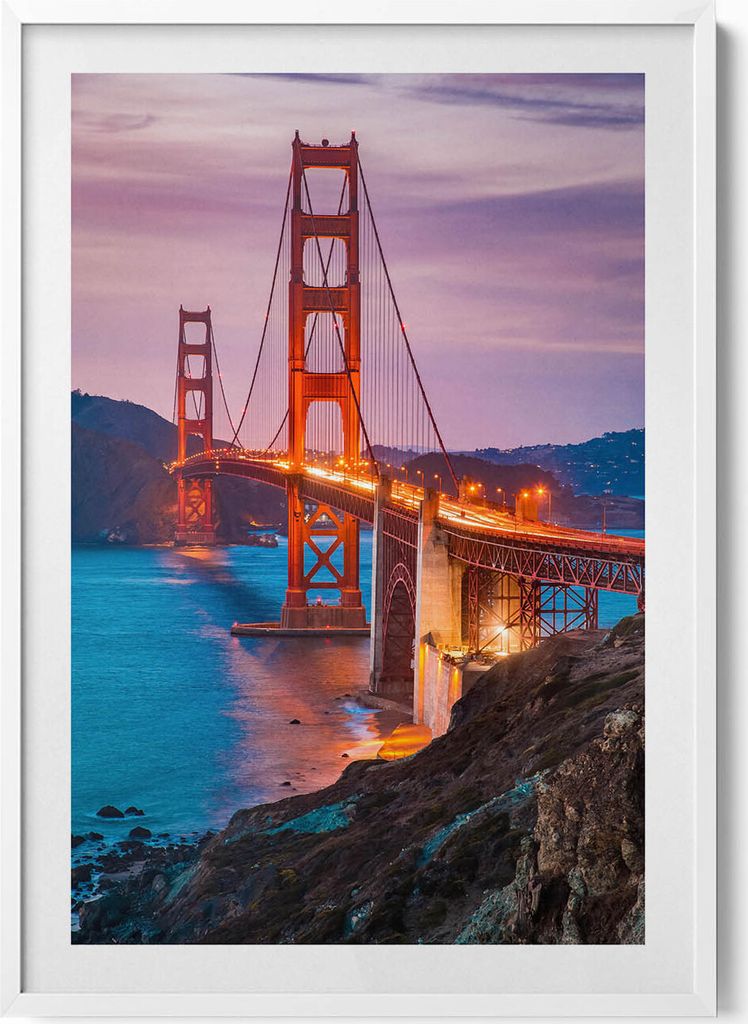 Golden Gate Bridge San Francisco– Wandbild mit Rahmen – Gerahmtes Bild – Wanddekoration – 70x100 cm – Weiß Rahmen