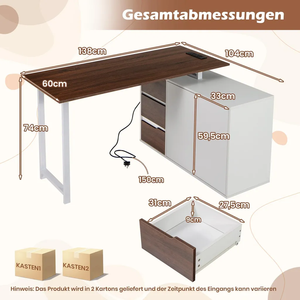 Table d'ordinateur d'angle réversible avec rangements et prises USB Brun