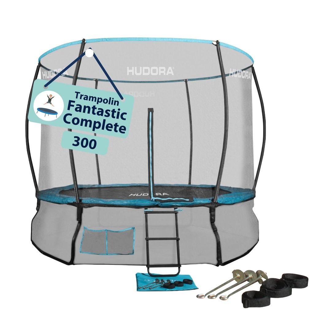 A HUDORA trampoline with a safety net and accessories.