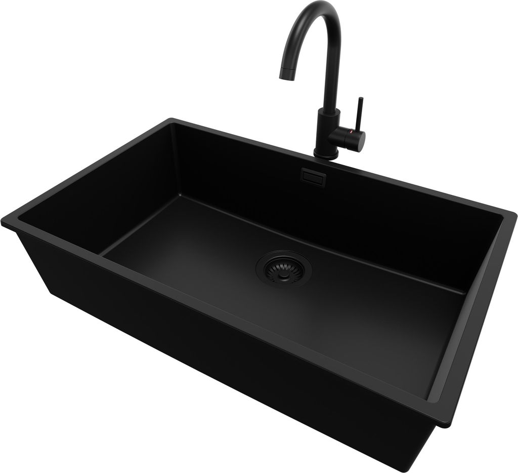 PRIMAGRAN Granitspüle Alles Schwarz 76x47cm, Spülbecken 1 Becken + Küchenarmatur 32x20cm + Ablauf-Set, Küchenspüle ab 80er Unterschrank - Lond...