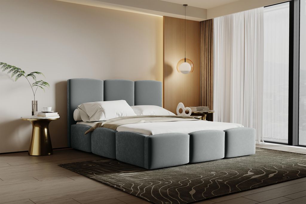 MR GROUP Boxspringbett MALAGA 200x200cm mit Bettkasten und mit Matratze Polsterbett Stauraumbett Holzlattenrost Doppelbett trinity 14 - hellgrau