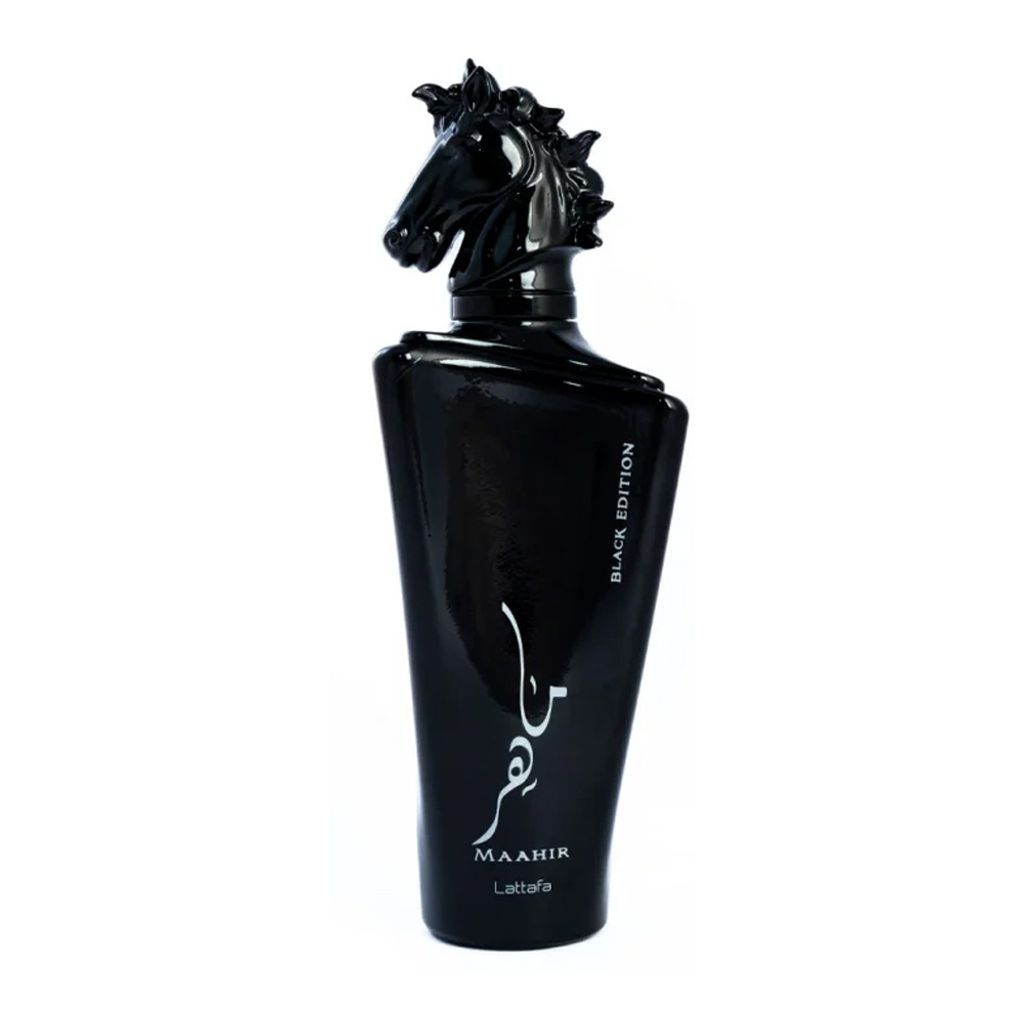 A black perfume bottle with a horse head cap.