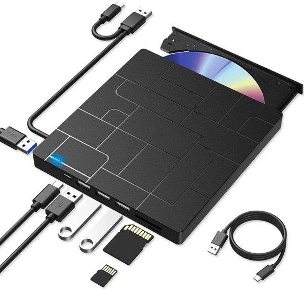 Externe CD-Player mit USB 3.0- und Type-C-Schnittstelle, SD/TF-Kartenleser und USB-Anschluss, 7-in-1 Multifunktions-Lesegerät.