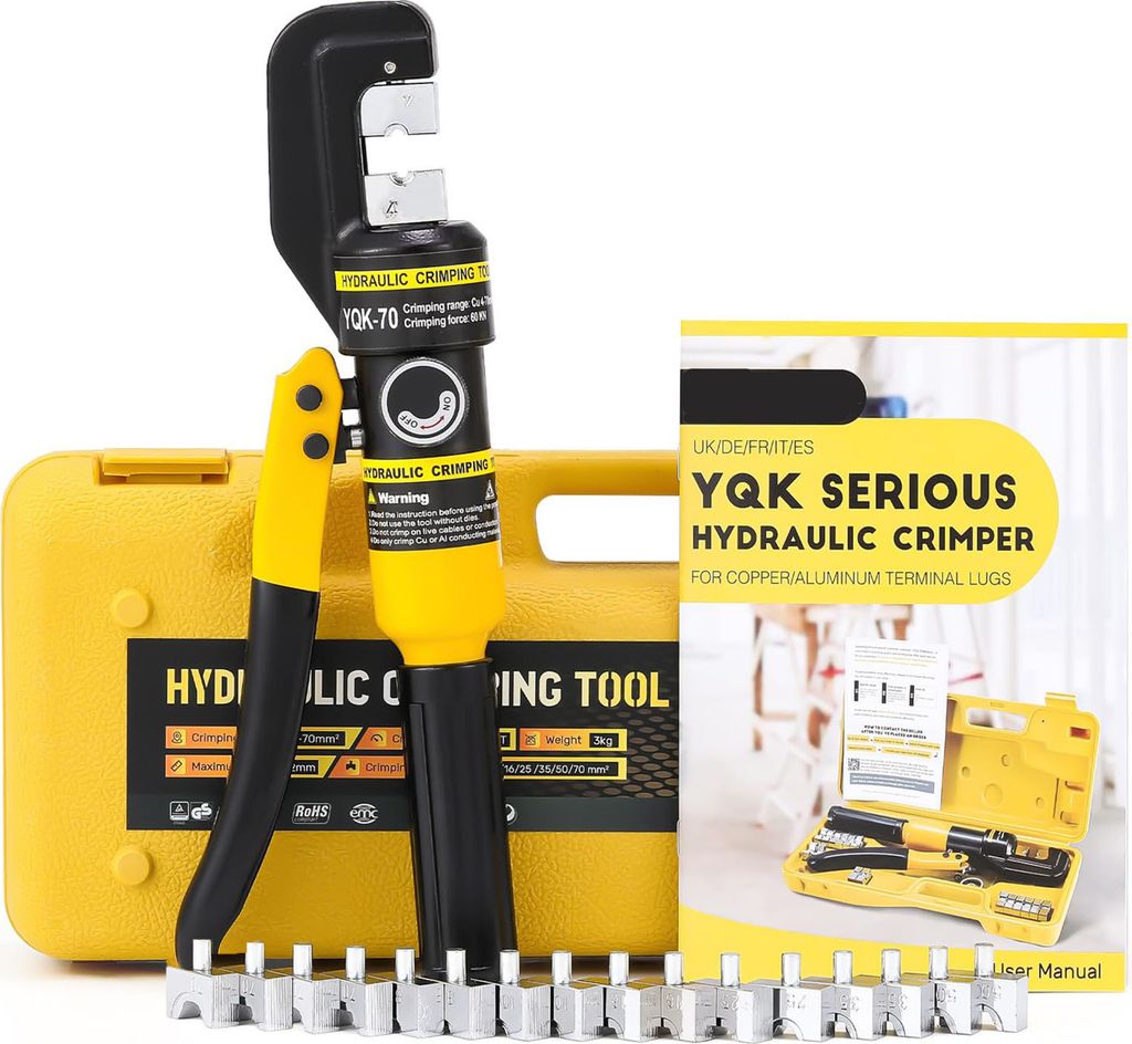 10T Hydraulische Crimpzange mit 9 Sätzen der Crimpformen 4-70 mm² für Kupfer-Aluminium-Kabelschuhe 2 Paar Dichtring, Anleitung auf Deutsch inkl,...