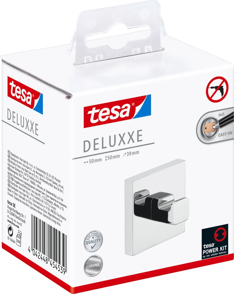 tesa Handtuchhaken selbstklebend - ohne Bohren - chrom glänzend - DELUXXE Serie