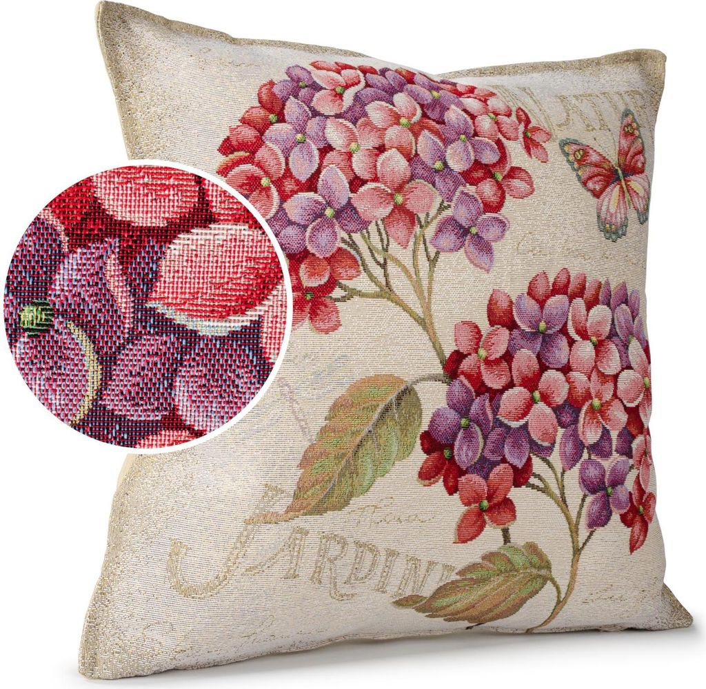 Dekokissen 45x45cm Kissenhülle mit Reißverschluss Sofakissen ohne Füllung Hortensien Gobelin bunt