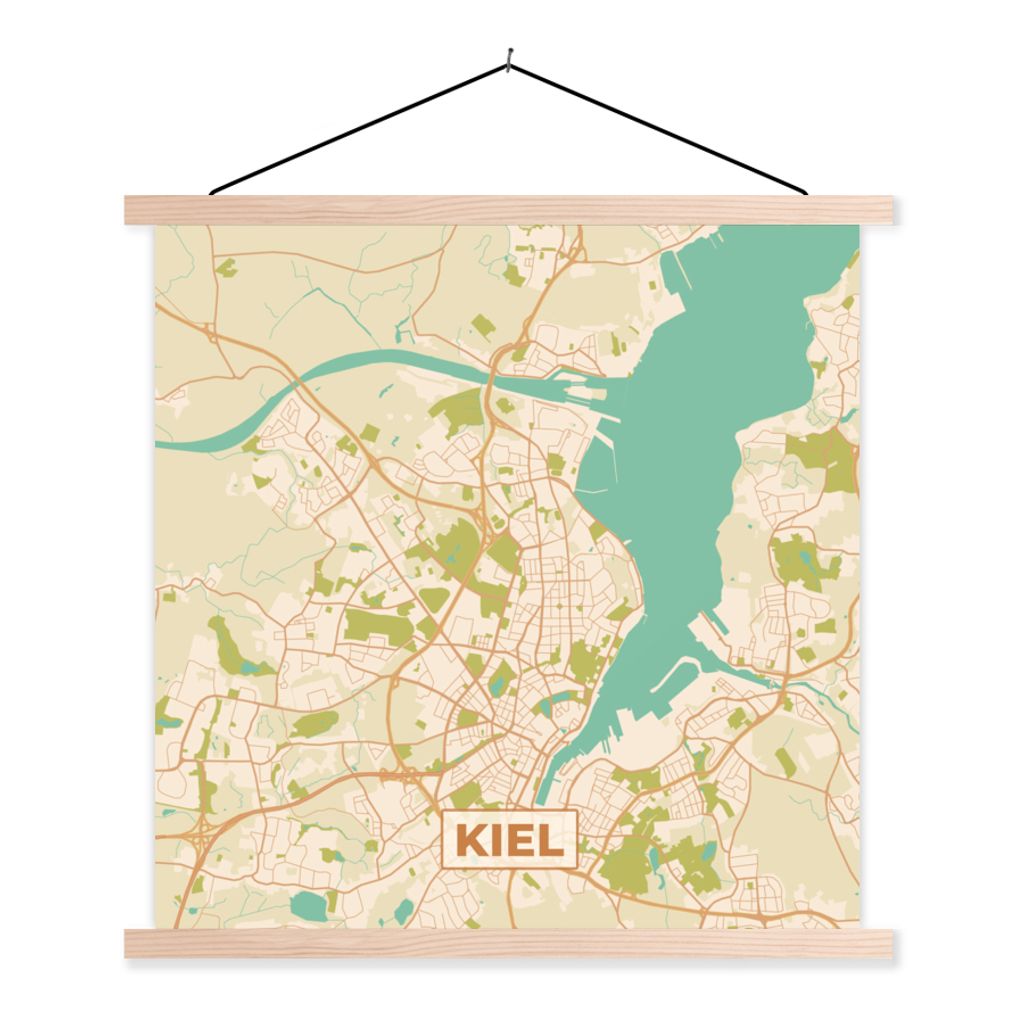 MuchoWow Textilposter Karte - Kiel - Vintage - Stadtplan 60x60 cm mit holzfarbenen Rahmen - Wanddekoration