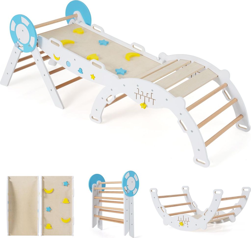 COSTWAY Klettergerüst Indoor 3er Set, klappabres Kletterdreieck mit Rutsche, Kletterbogen, inkl. doppelseitige Rampe & Baustein Set, für Kinder 1+