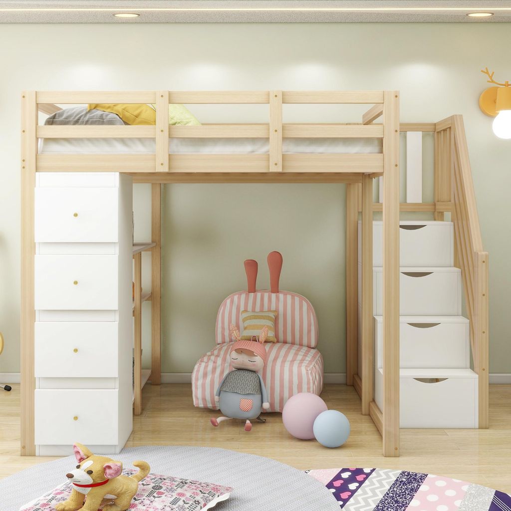 okwish Hochbett 140*200cm mit Aufbewahrungsschublade Kommode und Regalen, Kinderbett mit Sicherheits-Kletterleiter, Multifunktionales Massivholzbet...