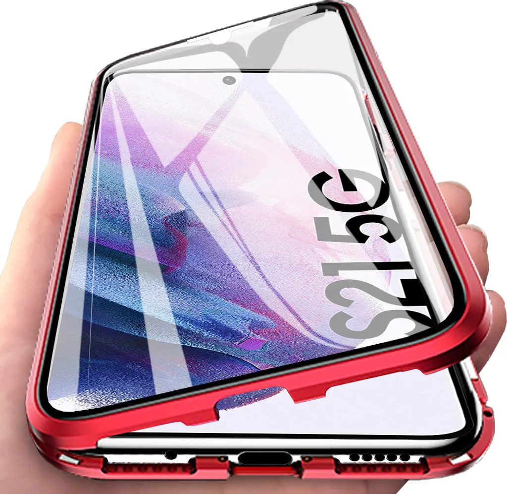 custodia protettiva a 360° per Samsung Galaxy S21 FE 5G Copertura in vetro temperato con assorbimento magnetico, telaio in metallo rosso
