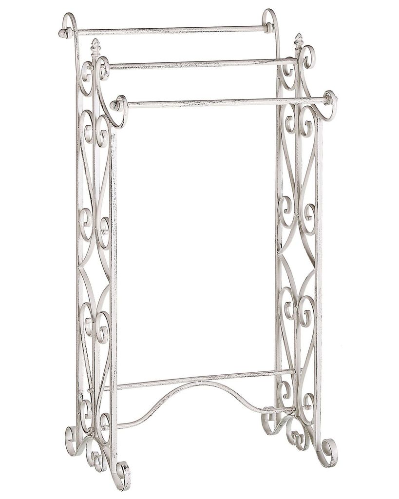 A white metal towel rack with three bars and decorative scrollwork on a white background.