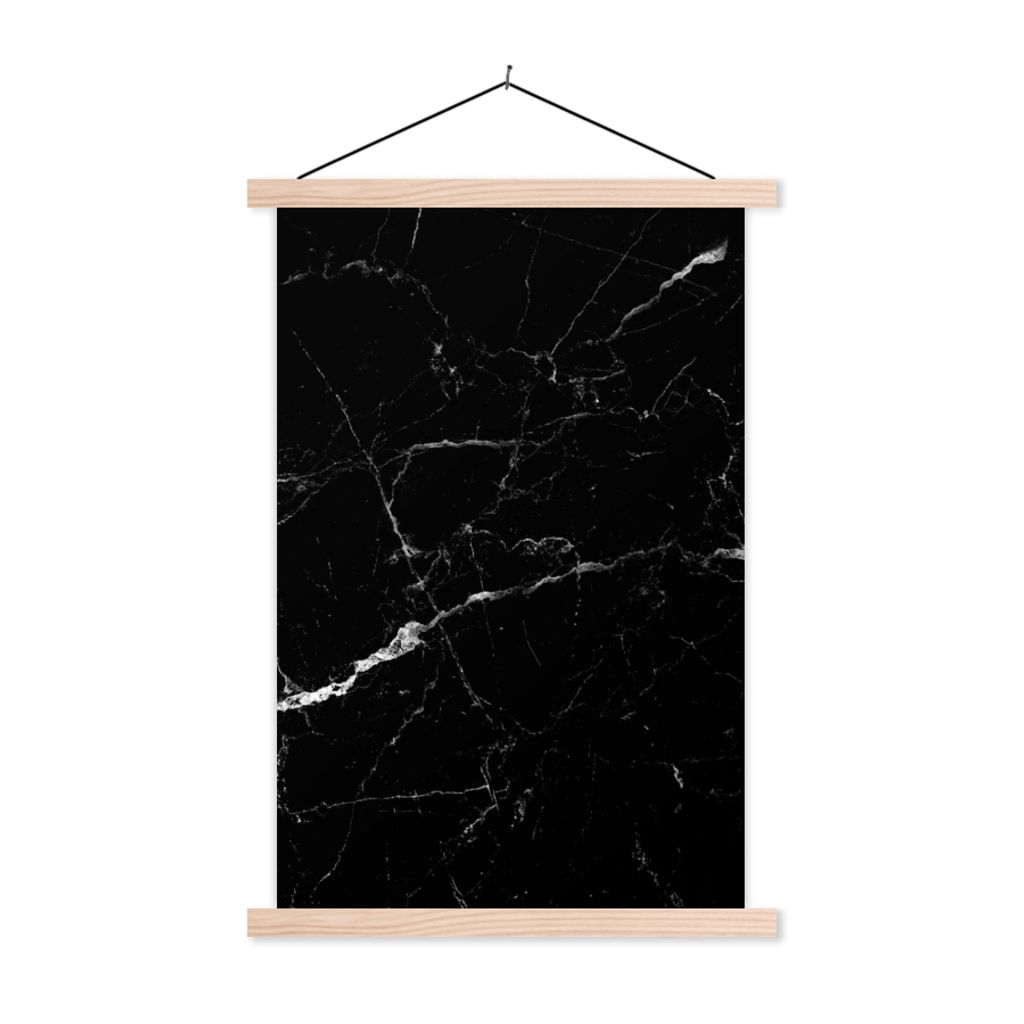 MuchoWow Textilposter Marmor - Schwarz - Marmoroptik - Weiß - Luxus - Stein 60x90 cm mit holzfarbenen Rahmen - Textil