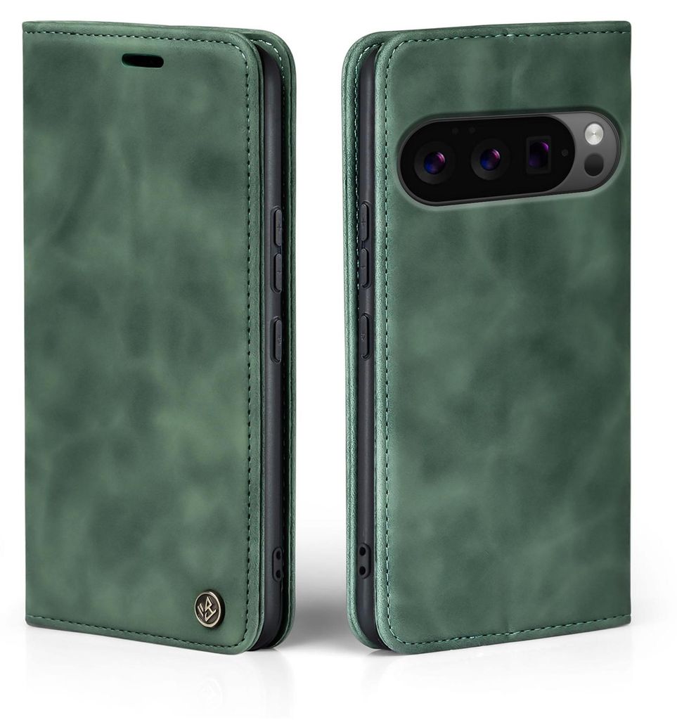 A green flip case for a Google Pixel phone is shown from two angles.
