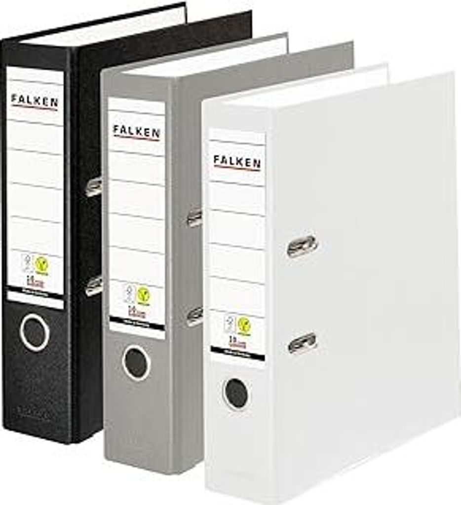 Original Falken 3er Pack PP-Color Ordner. Germany. 8 cm breit DIN A4 farbig sortiert Schwarz-Grau-Weiß Vegan Kunststoff-Ordner Ringordner Aktenor...