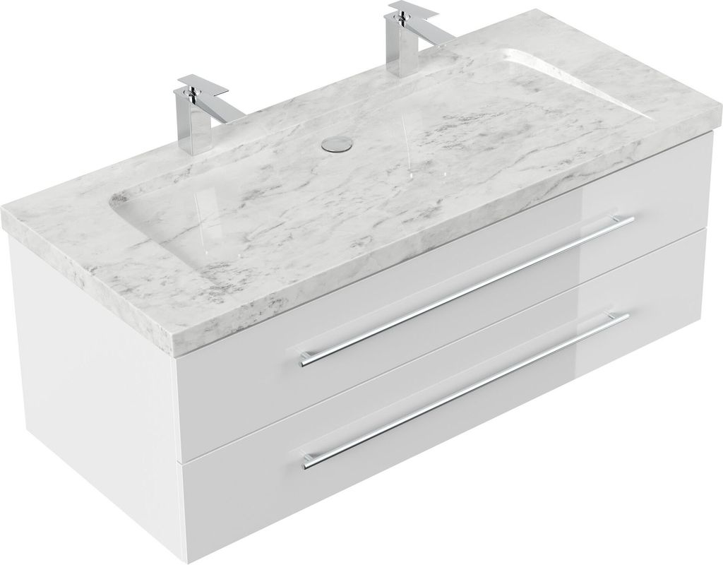 Badmöbel Marmor Carrara White Damo 130 cm 2 Hahnlöcher SoftClose weiß hochglanz : Weiss hochglanz Varianten: Weiss hochglanz