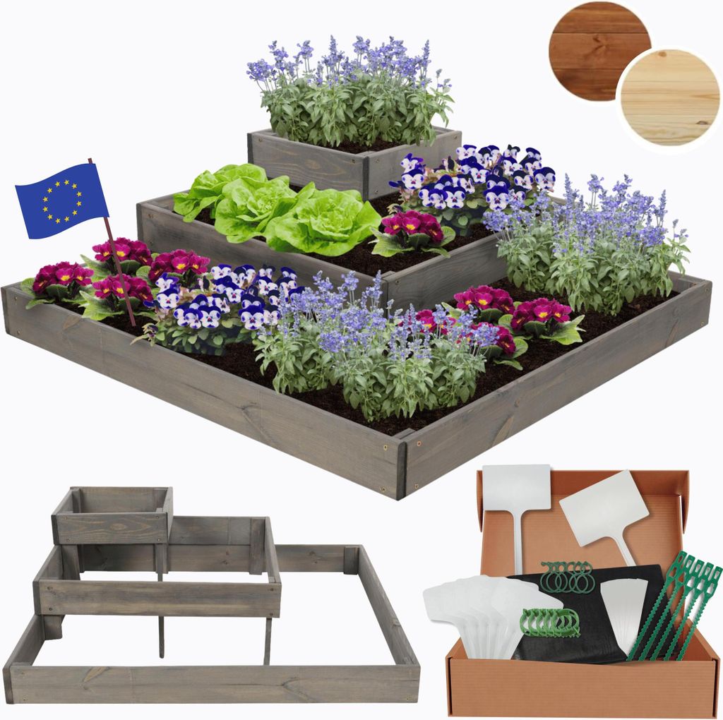 MODO24 Hochbeet Holz, Pflanzkasten, Massivholz, Kiefer, Kräuterbeet, Blumenkasten, Garten, Terrasse, 27x92x92 cm, Grau, ZP08