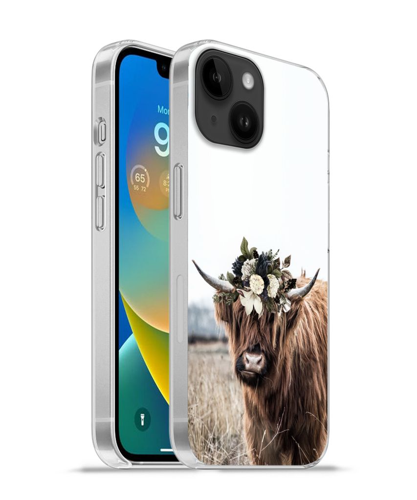 MuchoWow Handyhülle Schutzhülle Hülle für Apple iPhone 14 - Softcase Schottischer Highlander - Blumen - Tiere Silikon Softcase Handy Hülle -...