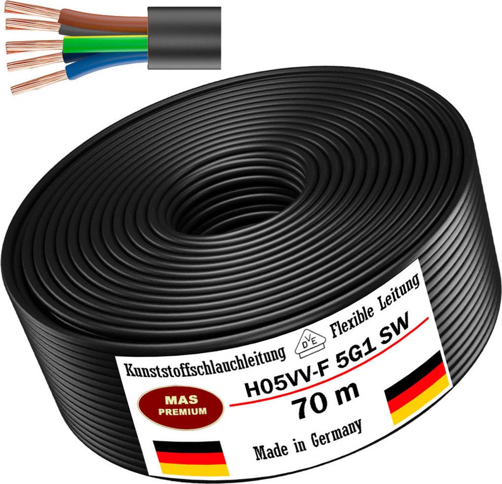 70m Kunststoffschlauchleitung H05VV-F 3G1 Schwarz Flexible Leitung Gerätekabel