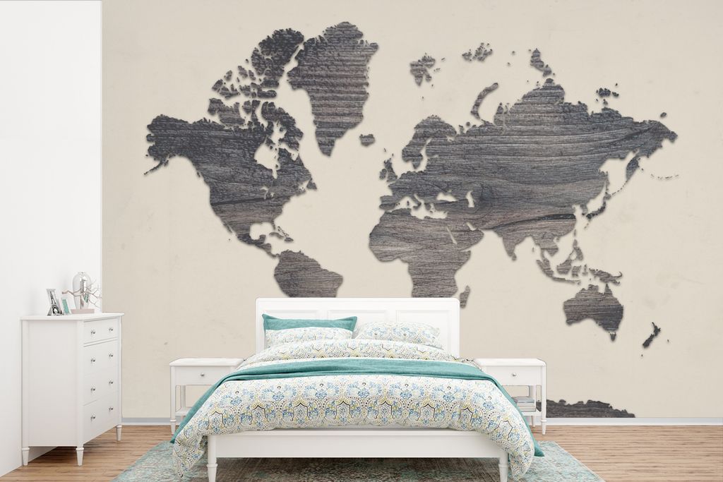 MuchoWow Fototapete für Wohnzimmer oder Schlafzimmer Wandtapete Vinyl Motivtapete Weltkarte - Grau - Holz - 600x400 cm - Vinyltapeten
