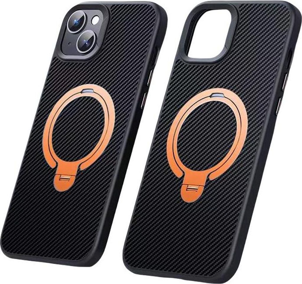 Schwarz Handyhülle für iPhone14/15/16 Pro Max 360° Ringhalter, Ultradünn, Militärischer Schutz, Goldener Ring