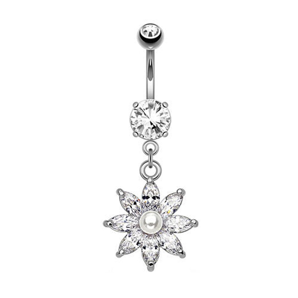 Taffstyle Bauchnabelpiercing Bauchnabelpiercing Schmuck Blumen Blüte Kristall Anhänger mit Perle, Silber
