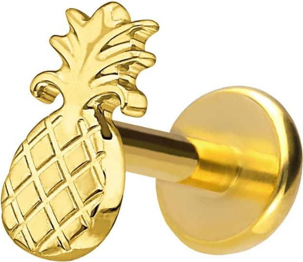 Ohrpiercing, Nasenpiercing Titan Labret mit Push Fit ANANAS Gold Stablänge: 6mm | Stabstärke: 1mm
