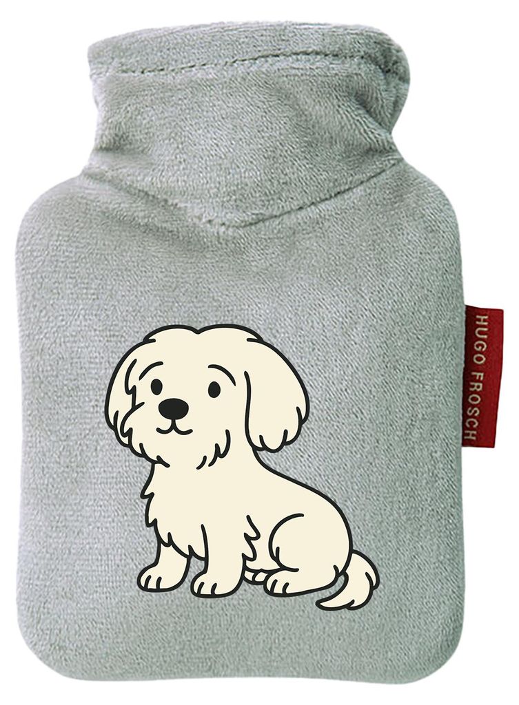 Huuraa Mini-Wärmflasche Malteser Malti Comic 0,2 Liter Grey Mini Veloursbezug Taschenwärmer Geschenkidee