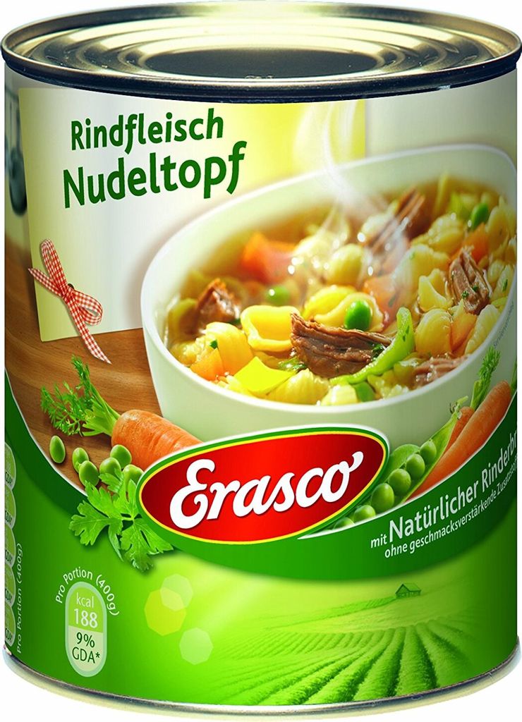 A can of Erasco Rindfleisch Nudel-Topf with a depiction of the soup and ingredients.