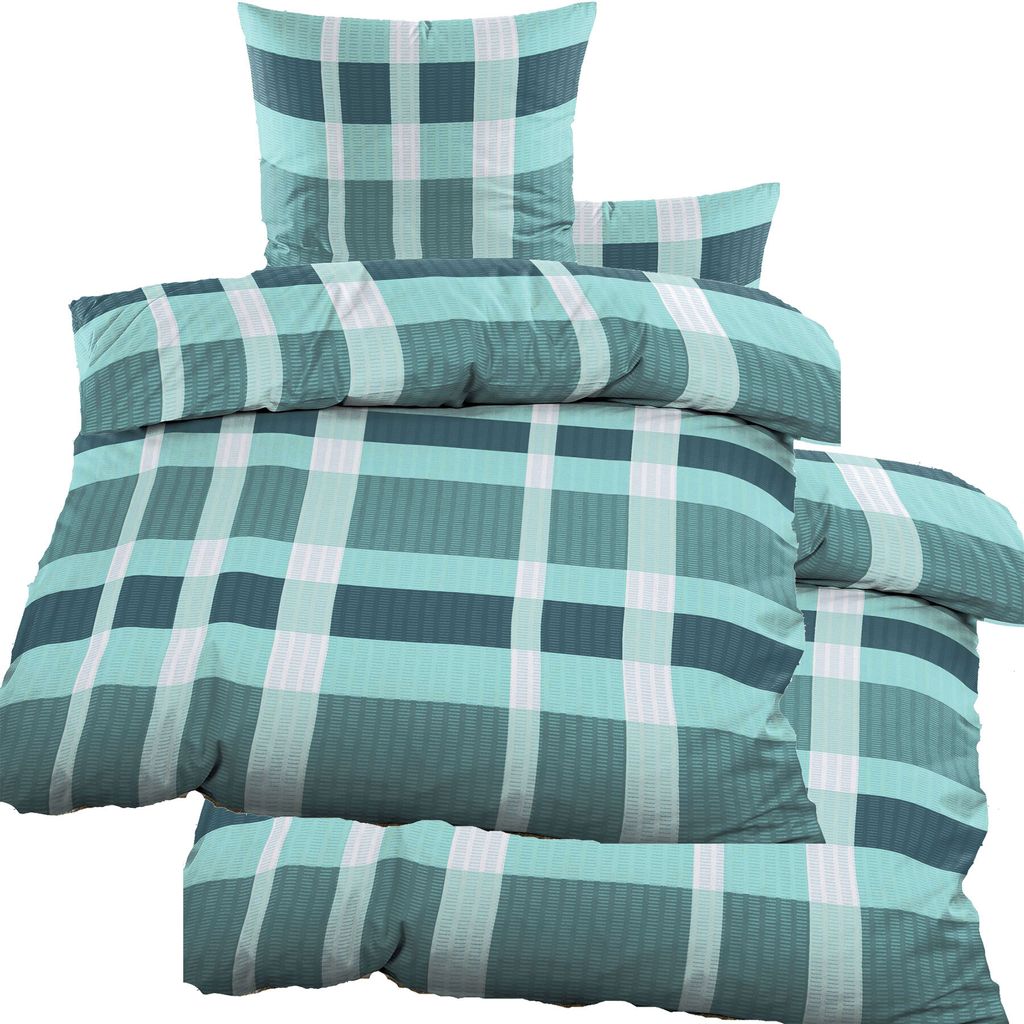 4-tlg. Seersucker Bettwäsche 2x (135x200 +80x80cm), grün, kariert, bügelfrei