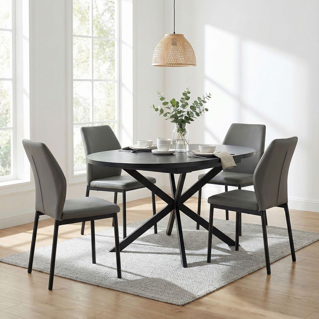 Essgruppe CHESTER/GINOVA mit ausziehbarem Tisch und 4 Stühlen, Schwarz/Grau - Esstisch ausziehbar, pflegeleichte Materialien, modernes Design, Ess...