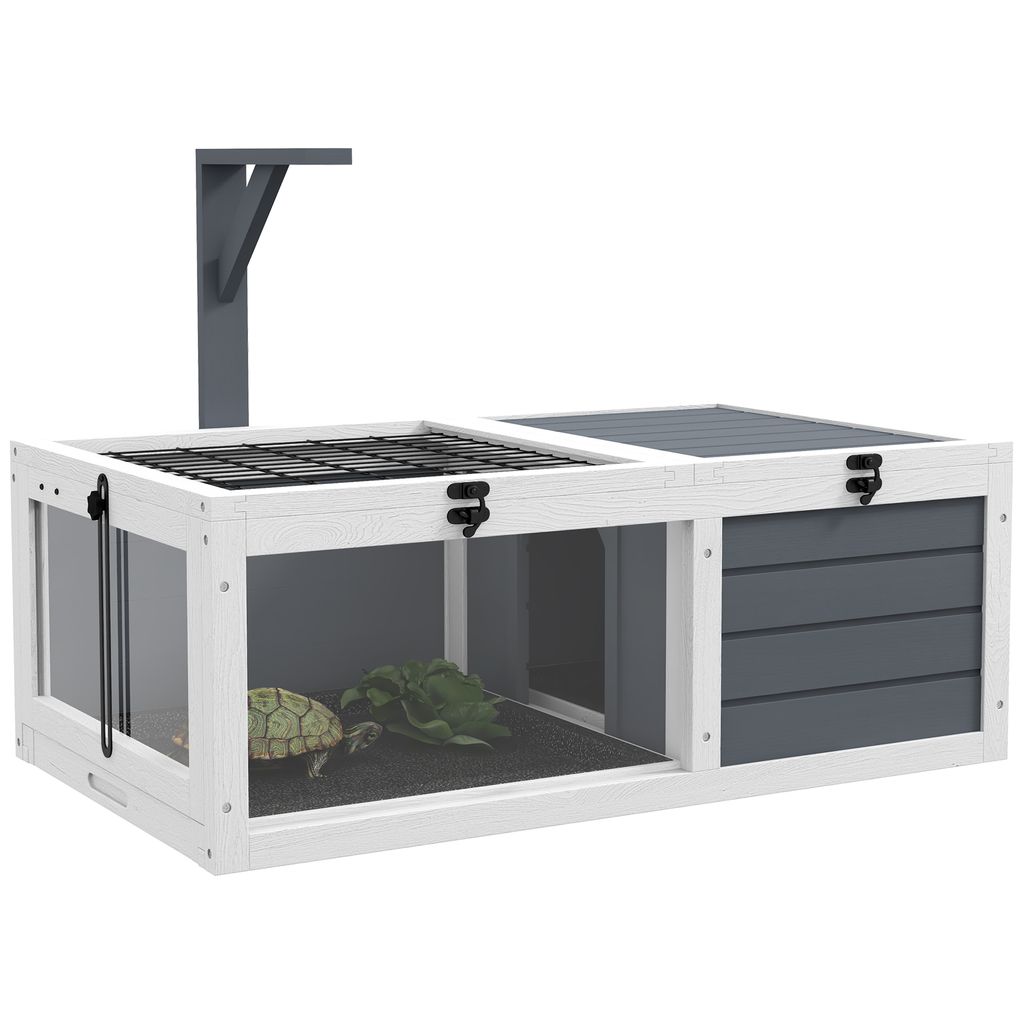 PawHut Käfiggehege für kleine Tierschildkröten mit 2 Räumen, Lampenhalter und 2 verschiebbaren Tabletts, 81 x 48 x 31,5 cm – graues Massivholz