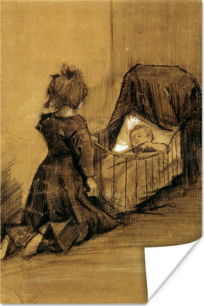 MuchoWow Poster Mädchen kniend bei einer Wiege - Vincent van Gogh 80x120 cm - Papierdruck