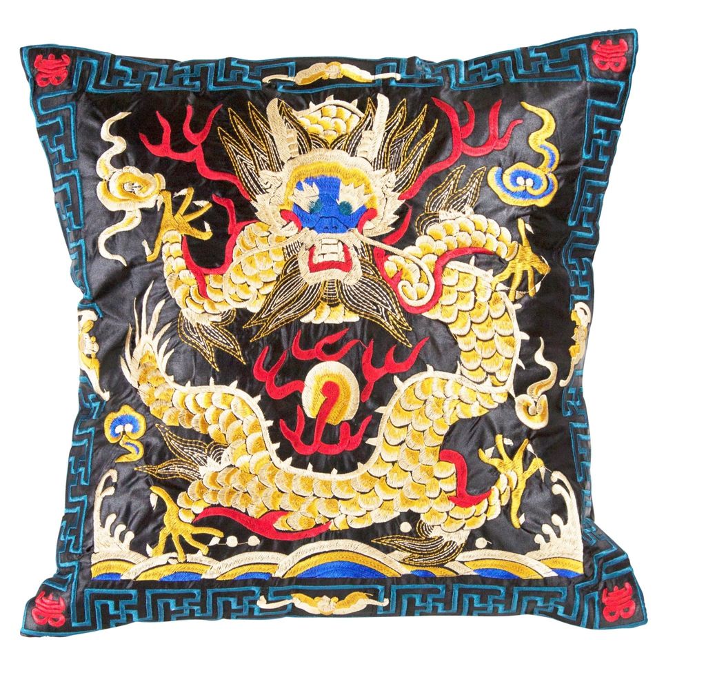 Fine Asianliving Chinesischer Kissenbezug Handbestickt Schwarz Gelber Drache 45x45cm Ohne Füllung Baumwolle Japanisch Orientalisch Asiatischer Stil