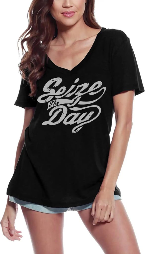Damen Grafik T-Shirt V-Ausschnitt Nutze den Tag - positive gute Stimmung - Motivationsslogan – Seize The Day - Positive Good Vibes - Motivation S...