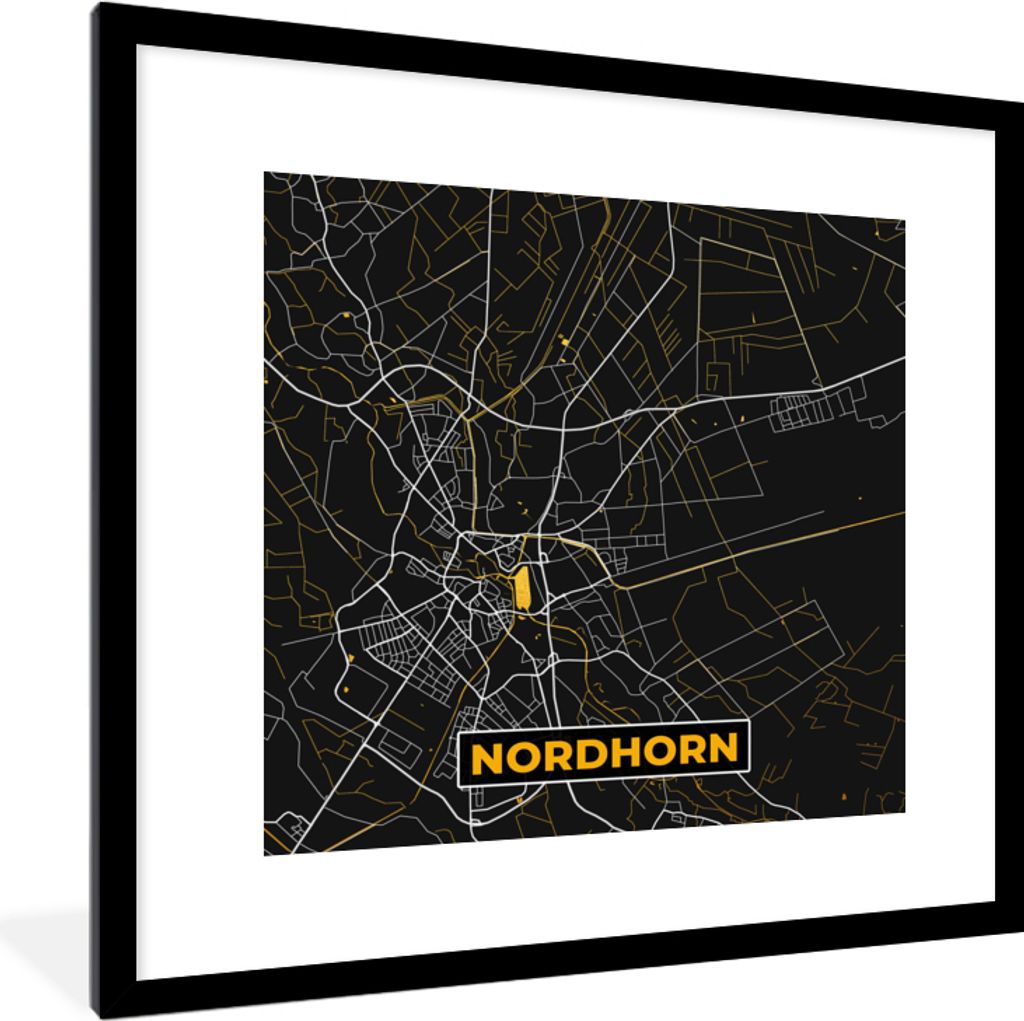 MuchoWow Gerahmtes Poster Nordhorn - Gold - Stadtplan - Karte - Deutschland 40x40 cm - Poster mit Schwarzem Bilderrahmen Wandposter Rahmen Foto B...