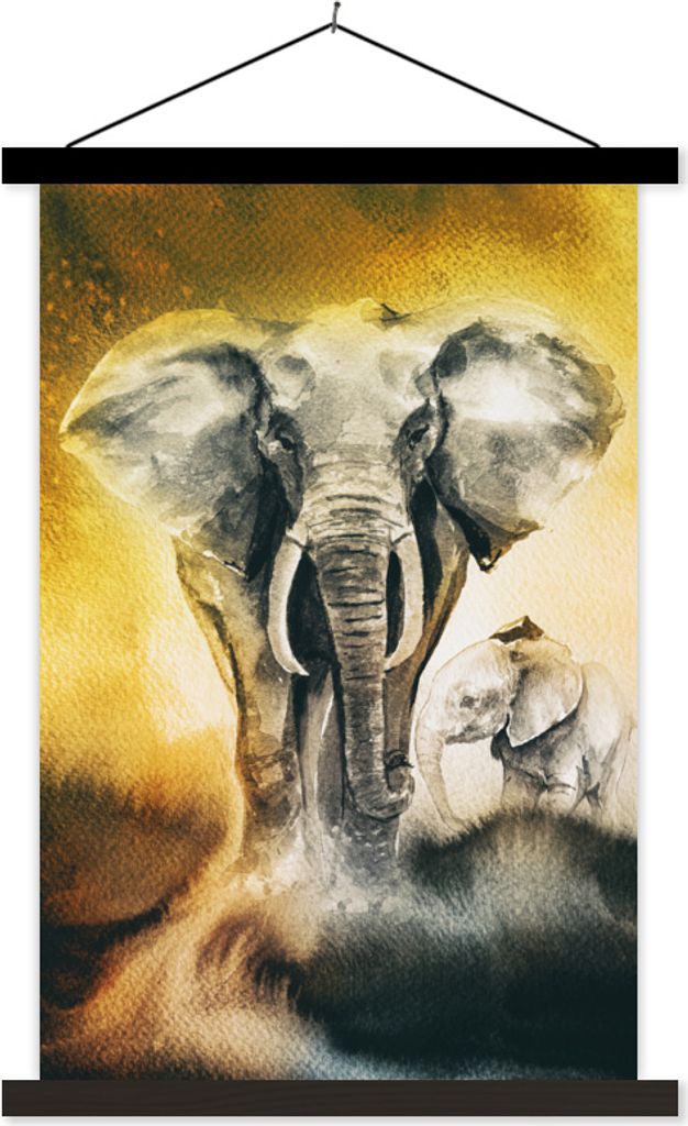 MuchoWow Textilposter Elefant - Aquarellfarbe - Gelb 120x180 cm mit schwarzem Rahmen - Fotos