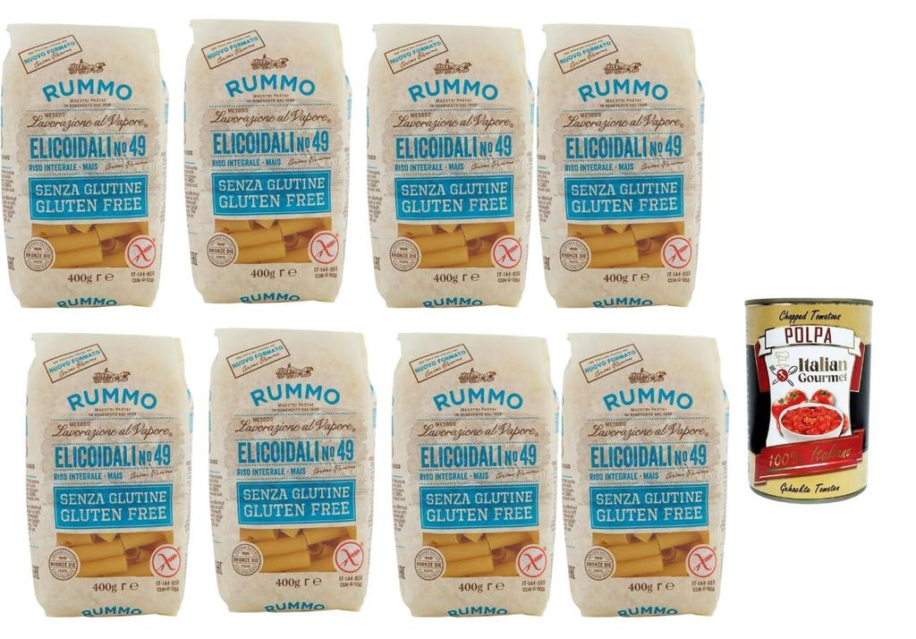 Rummo Elicoidi No.49 Glutenfreie Pasta aus Vollkornreis & Mais 8x400g, Bronze-Die, italienische Spezialität, Kochzeit 12 Min + Italian Gourmet polpa