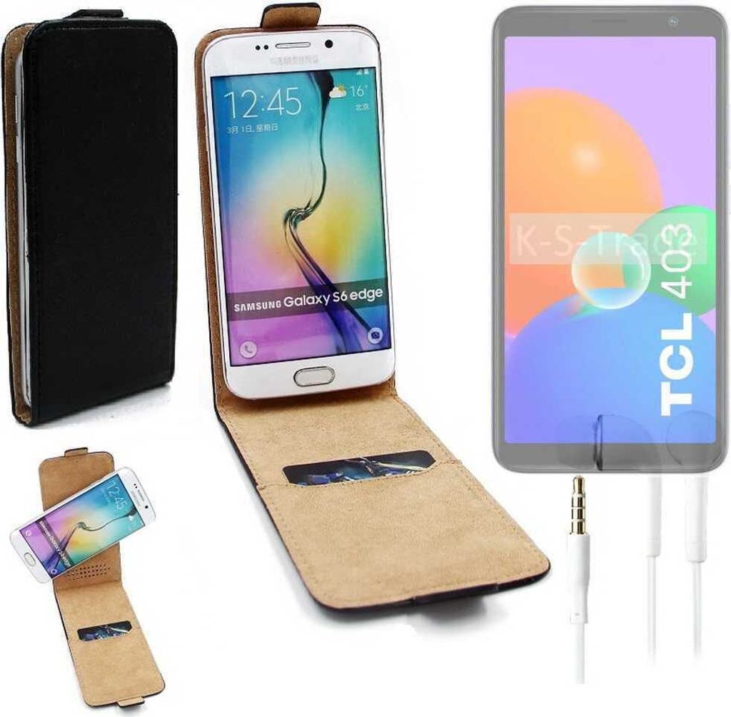 K-S-Trade Handyhülle + Kopfhörer kompatibel mit TCL 403 360° Flipstyle Schutzhülle Smartphone Tasche Case Flip cover schwarz 1x