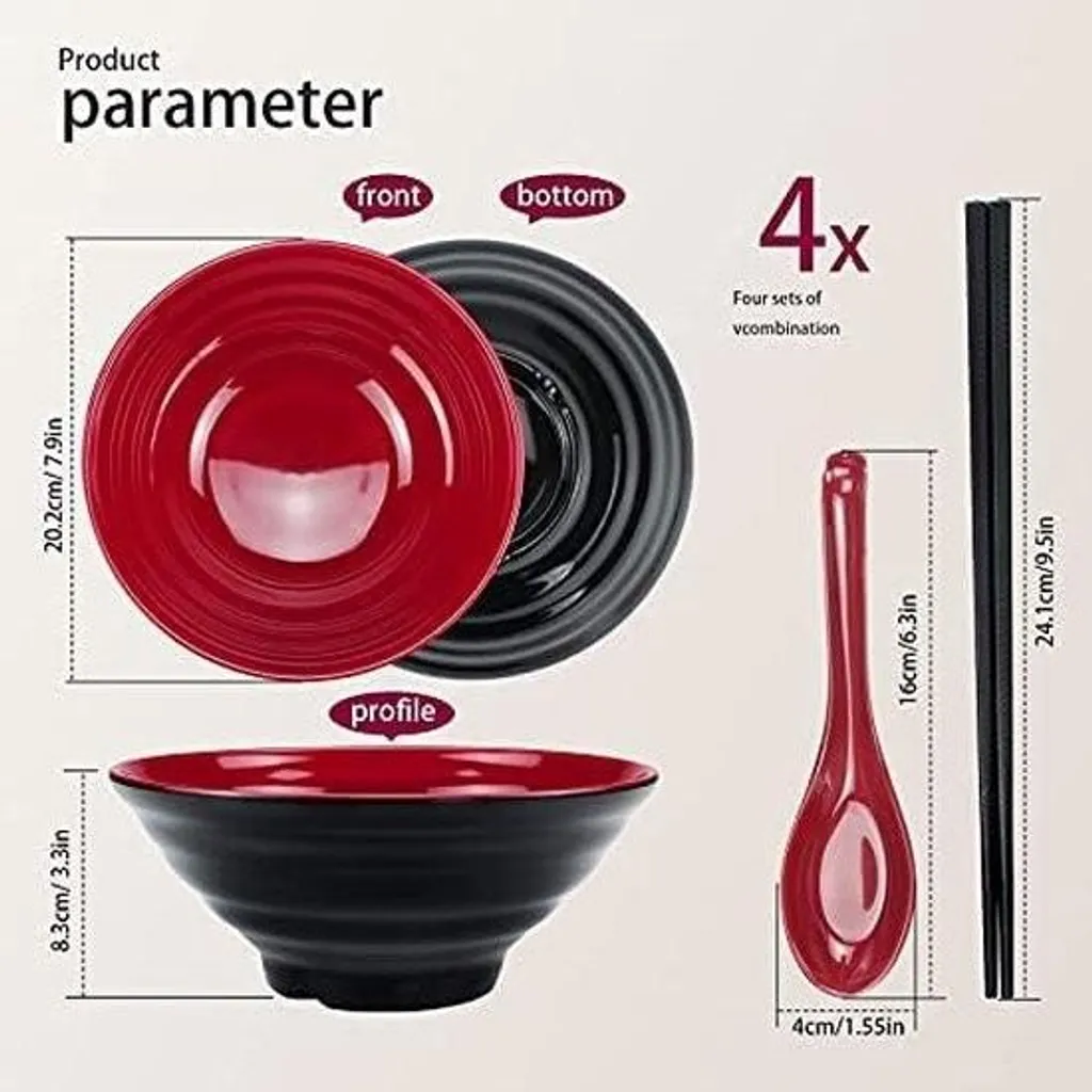 Set di ciotole per ramen, capacità 1032 ml, ciotola per zuppa giapponese con cucchiaio e bacchette, per pasta, udon, noodles asiatici, mix rosso-nero (4 pezzi)