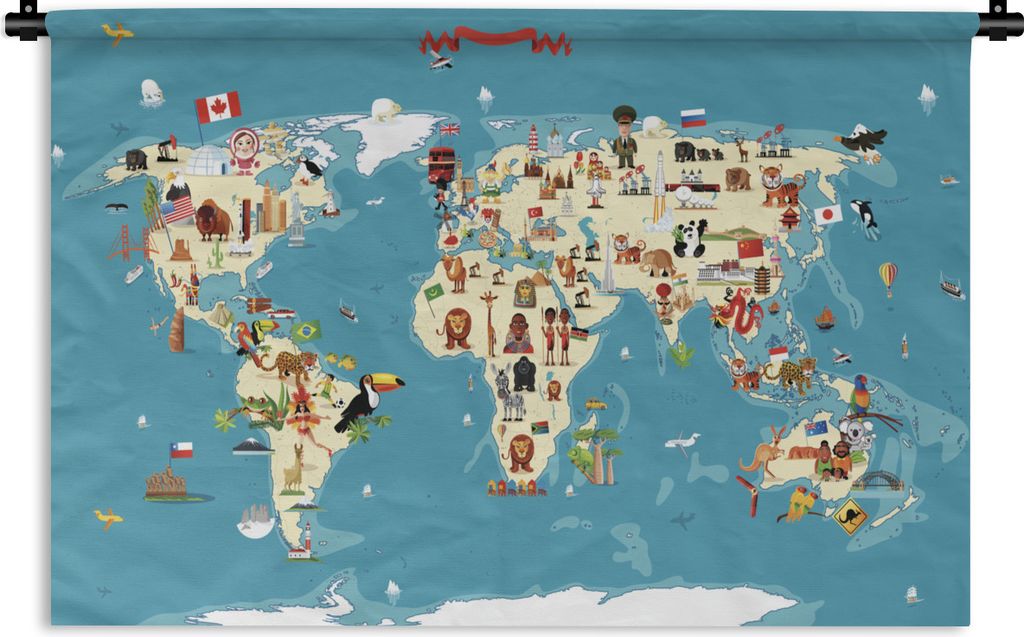 MuchoWow Wandteppich Wandbehang Weltkarte Kinder - Erde - Symbole 120x80 cm Tapisserie Dekoration Wandtuch - Wanddekorationen - Wandtücher
