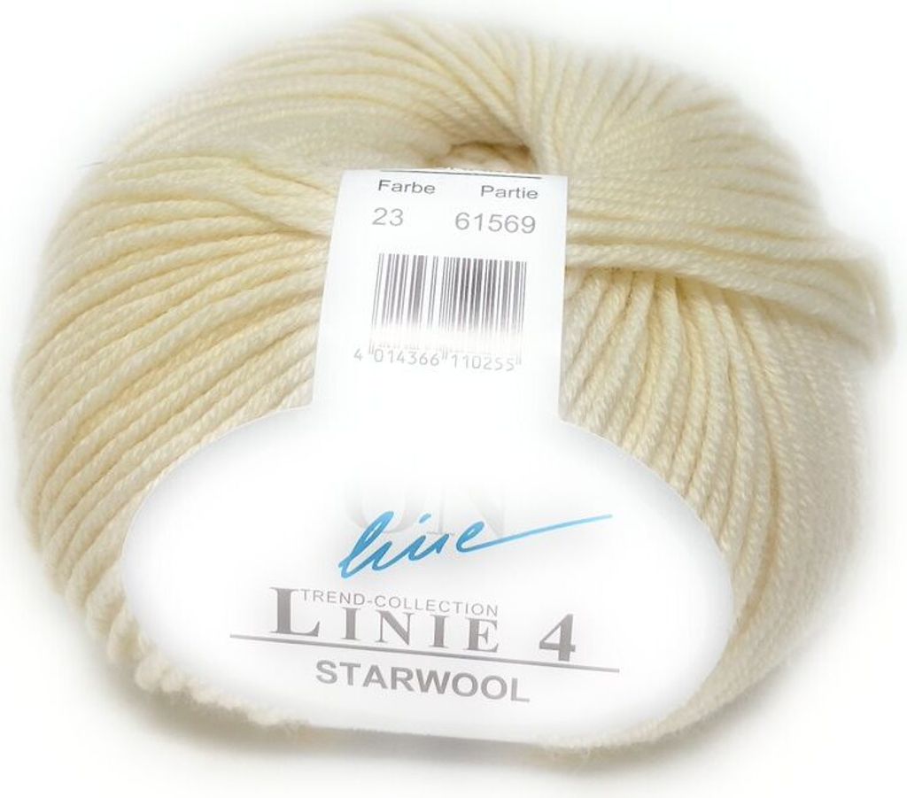 A ball of cream-colored yarn with a label attached.
