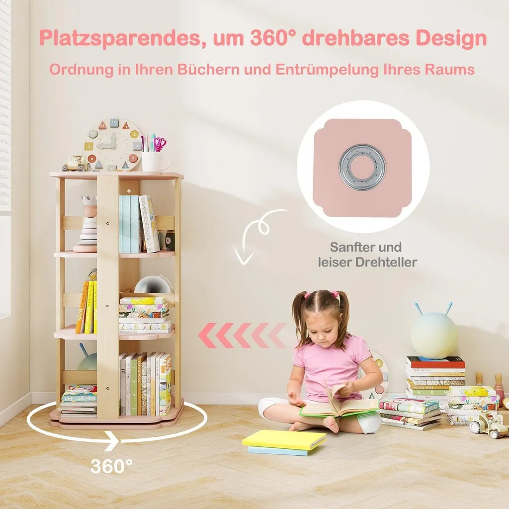 Bibliothèque enfant rotative gain de place rose pour ranger 12 sections - 4