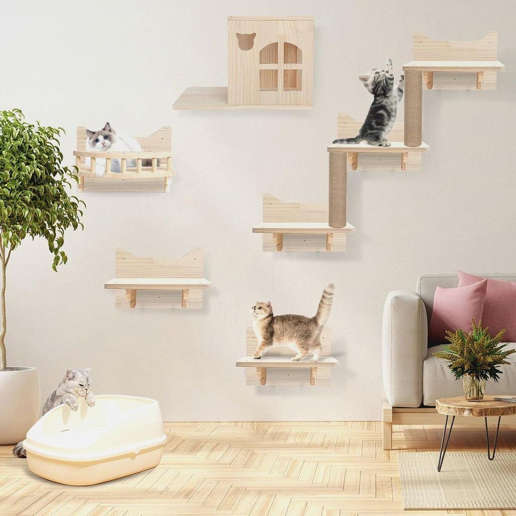 Kletterwand Katzen, Katzen Wandelemente aus Holz, Stabiles Katzenwandmöbel, Kletterwand Set mit Katzentreppe, Katzenhaus und Plattform, Wandmontage