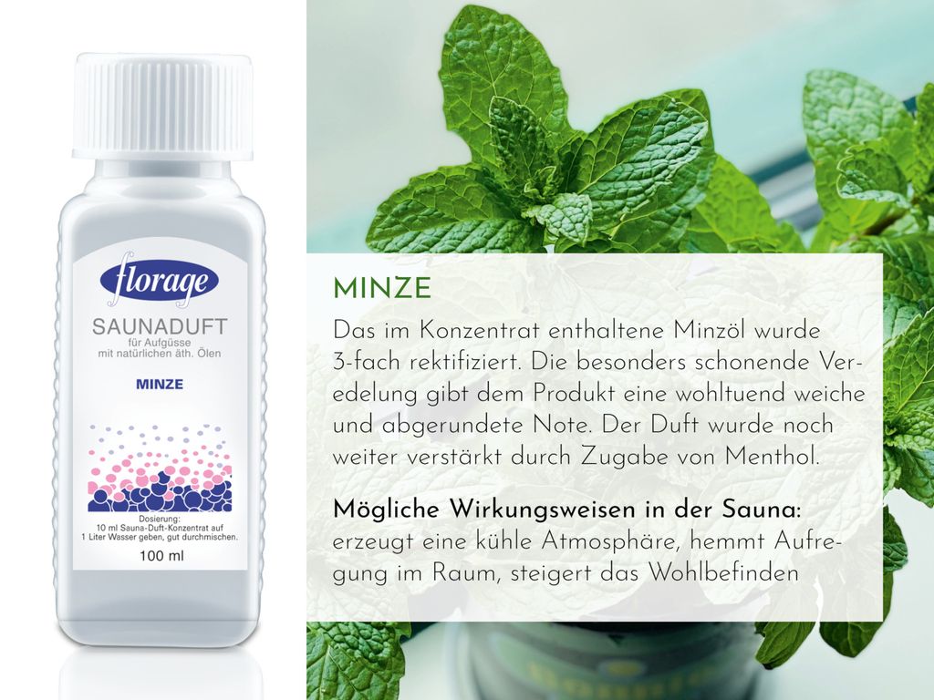 FLORAGE 100ml Saunaduft Minze Konzentrat Saunaaufguss Saunaöl Sauna Aufguss Duft
