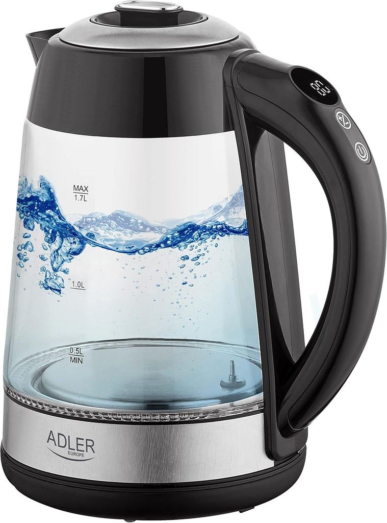 JUNG ADLER AD1285 Wasserkocher mit Temperatureinstellung (40-100°C) Digital, 2200W, Glas mit Edelstahl, 1,7 Liter, LED Innenbeleuchtung
