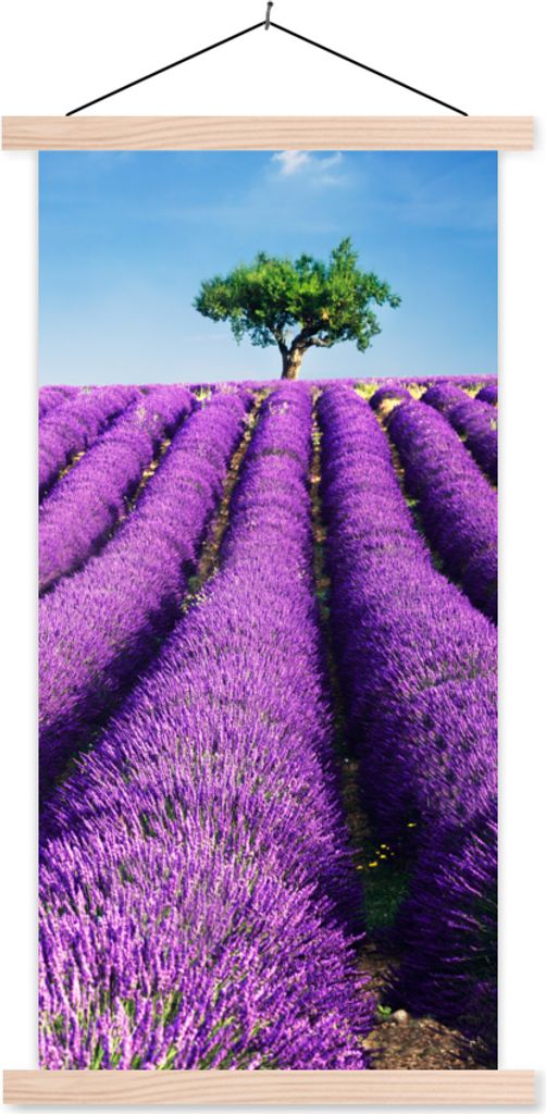 MuchoWow Textilposter Ein lila blühendes Lavendelfeld an einem sonnigen Tag 40x80 cm mit holzfarbenen Rahmen - Wohnzimmer