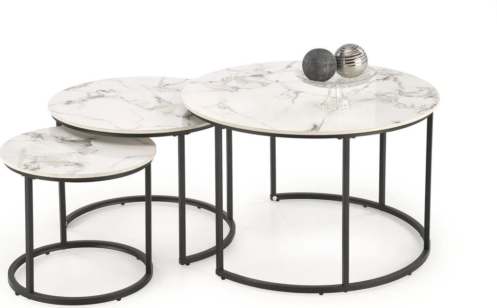 A set of three nesting coffee tables with white marble-look tops and black metal frames, displayed on a white background.
