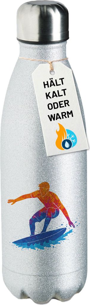 Huuraa Trinkflasche Surfen bunte Silhouette 500ml Silver Edelstahl Wasserflasche Trinkflasche Geschenkidee