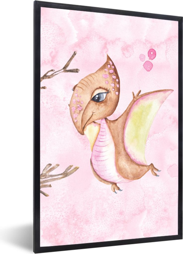 MuchoWow Gerahmtes Poster Dino - Kinderzimmer - Aquarell - Mädchen - Kind - Rosa - Mädchen 40x60 cm - Poster mit Schwarzem Bilderrahmen Wandpos...